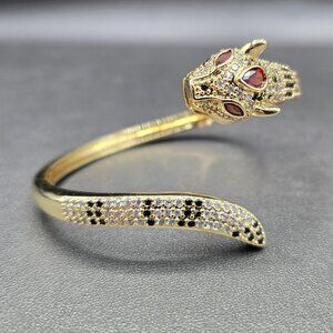 Gold Tone and Rhinestone Leopard or Jaguar Open Cuff Bangle Size 6-1/2"